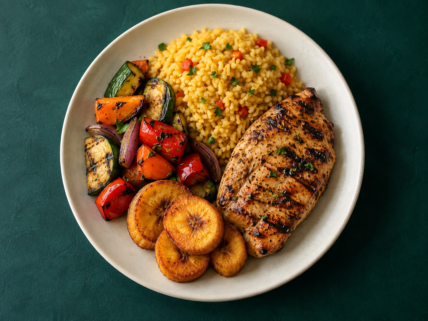 Exemplo de apresentação de frango grelhado, arroz, legumes e banana-pão